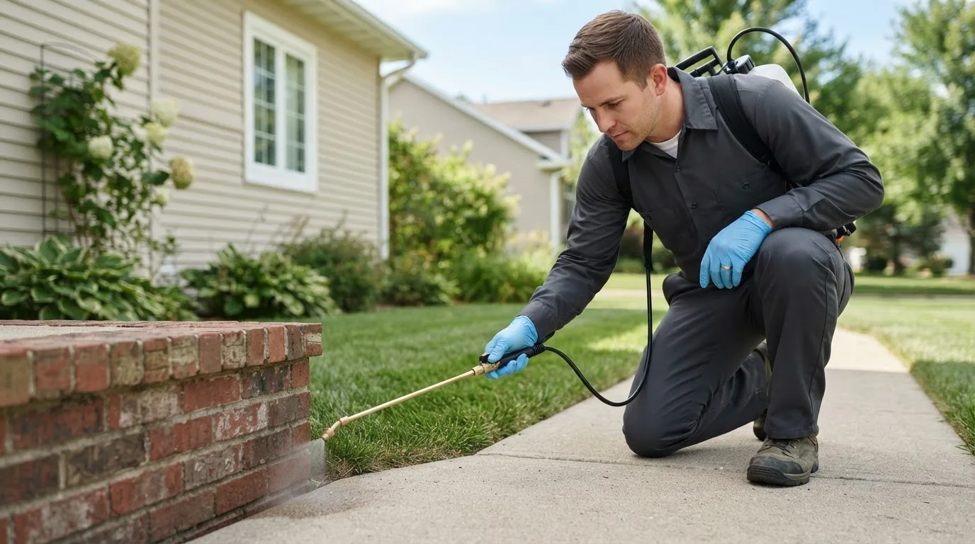 Pest control technician treating a home near Dell, AR