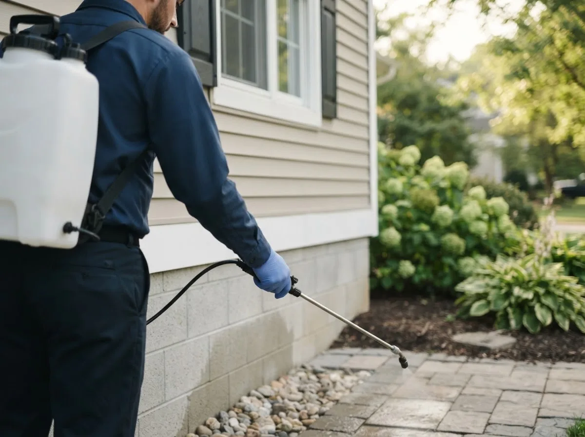 Pest control technician inspecting a home in Dell, AR